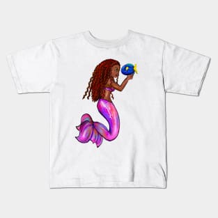 African American mermaid with flowing red locs and blue tang fish, Afro hair and caramel brown skin. Black mermaids Kids T-Shirt